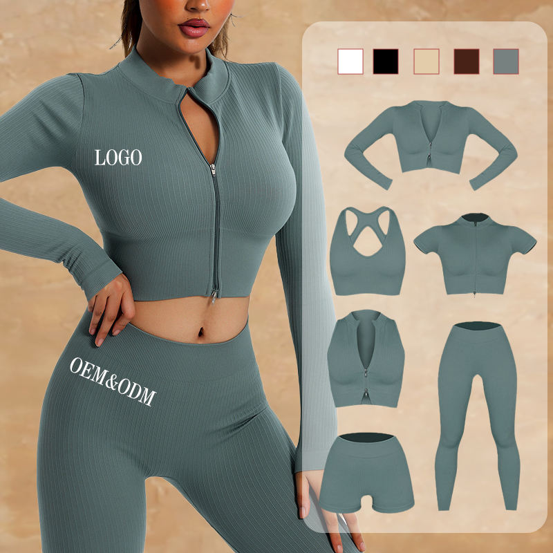 5 Piece Solid Breathable Athletic Seamless Yoga Leggings Set Elastic Waist Mid Scrunch Women Full Length High Quality
