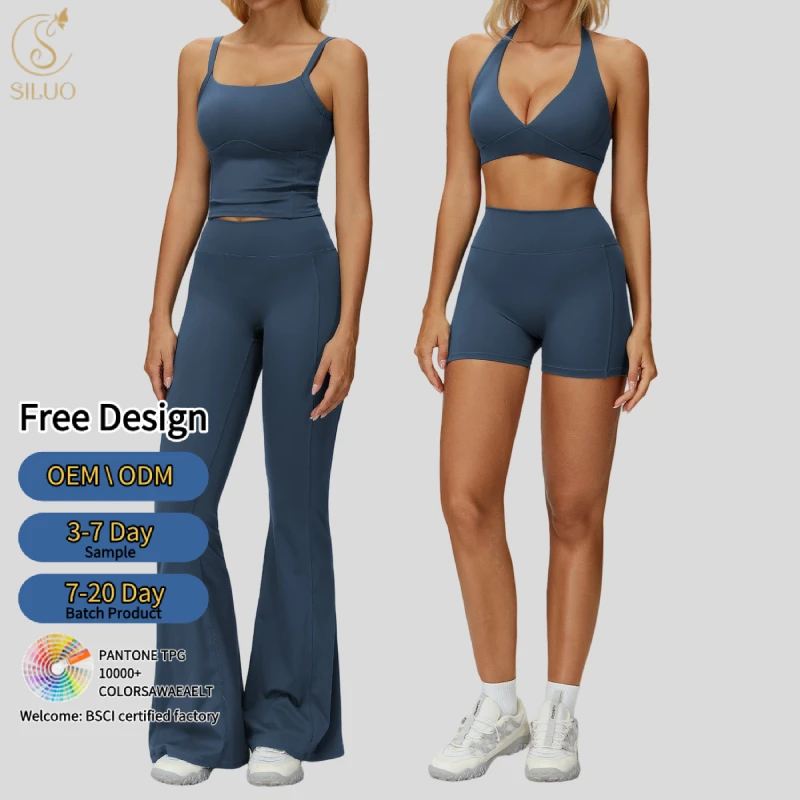 Custom Brushed Ruched Tight Flare Legs Pants Stretchy Yoga Bra Vest Breathable Leggings Quick Dry 5 Piece Yoga Set for Women