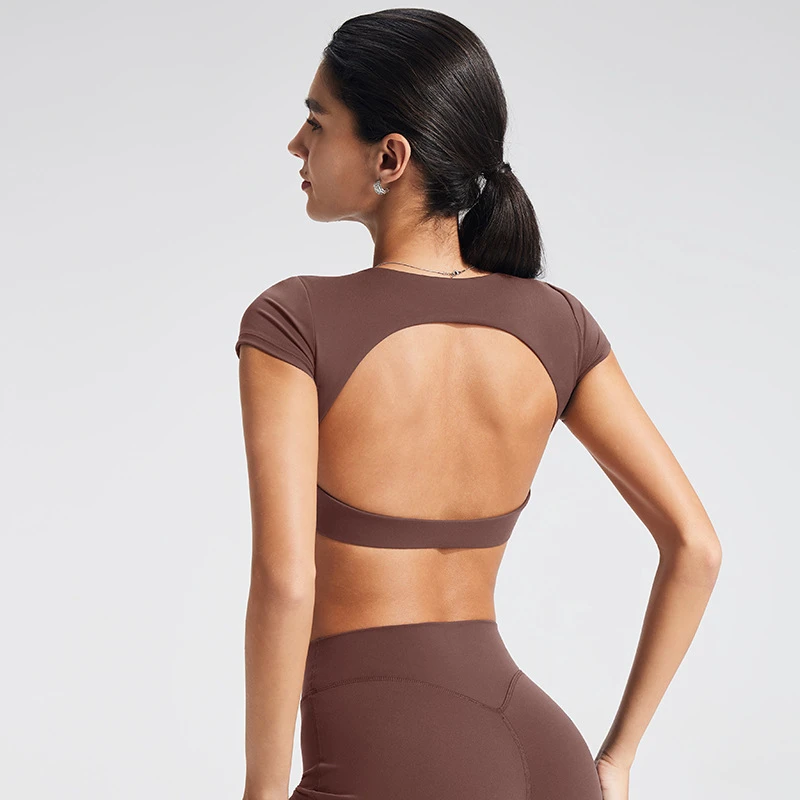 Women Athletic Crop Top Short Sleeve Breathable Tight Fit Backless Yoga Running Fitness Top