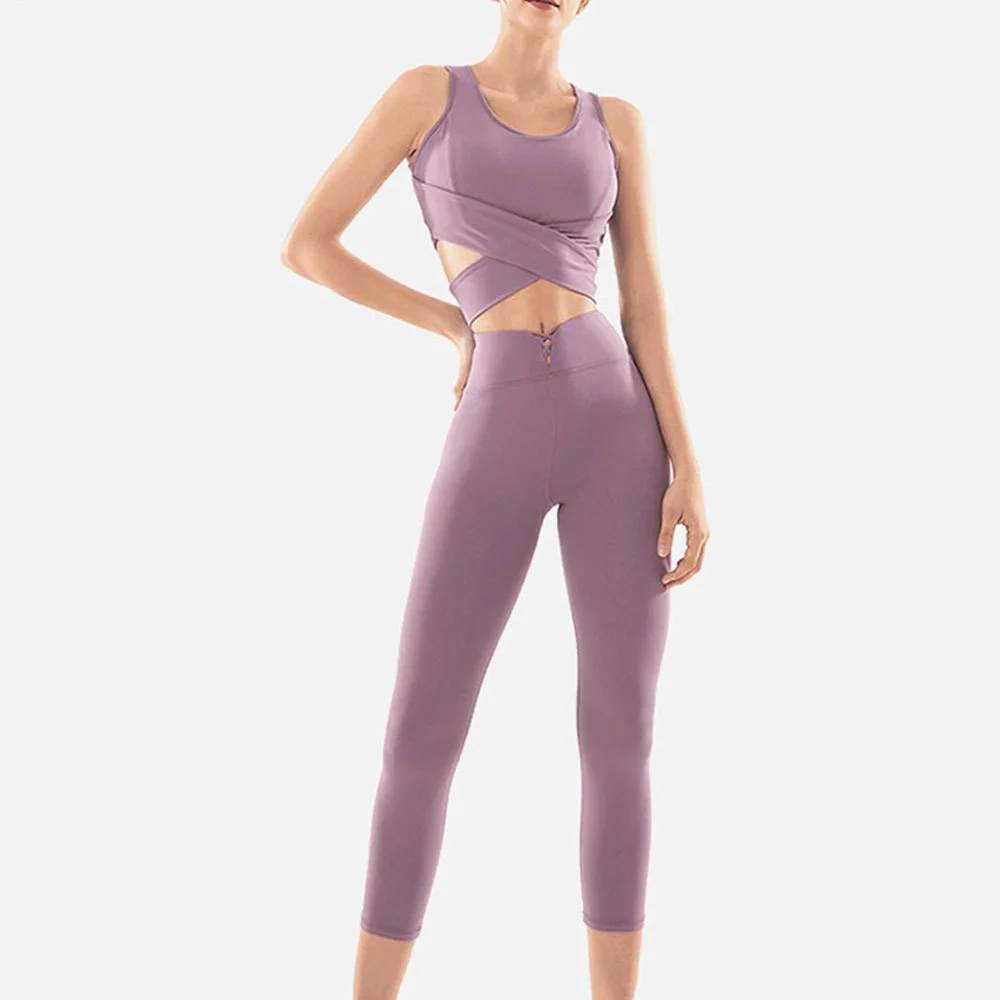 Fashion Women Yoga Set Solid Front Elastic Waist 2-Piece Breathable Eco-Friendly High Quality Spandex/Polyester Crew Neck
