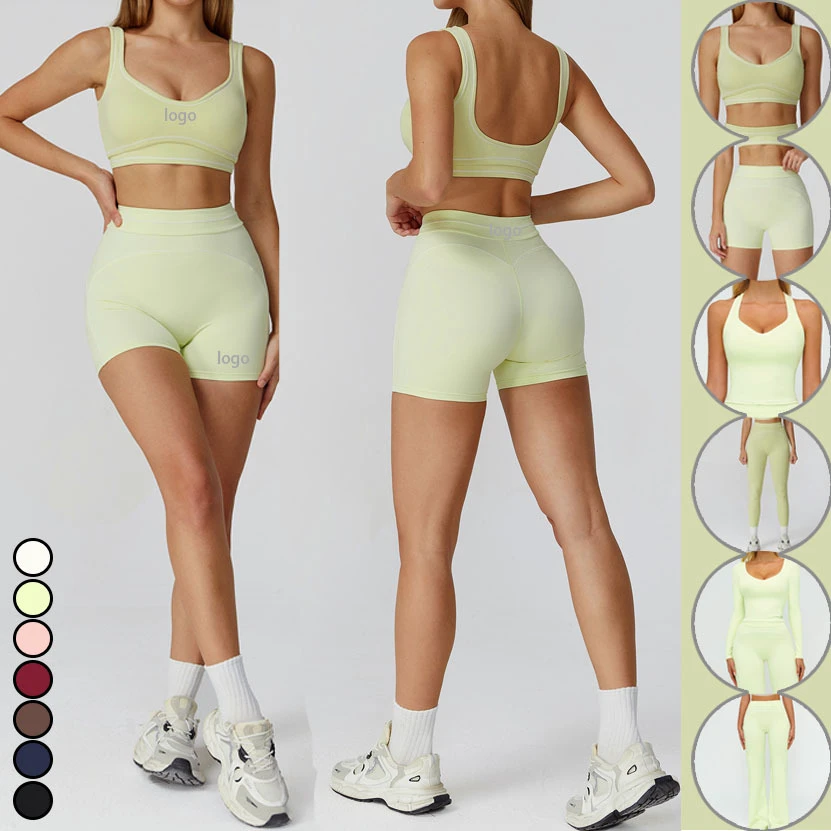 ZC7028 Women's Clothes Color Blocking Butt-left Yoga Shorts Workout Clothing Gymwear Activewear 6pcs Yoga Sets Fitness Shorts