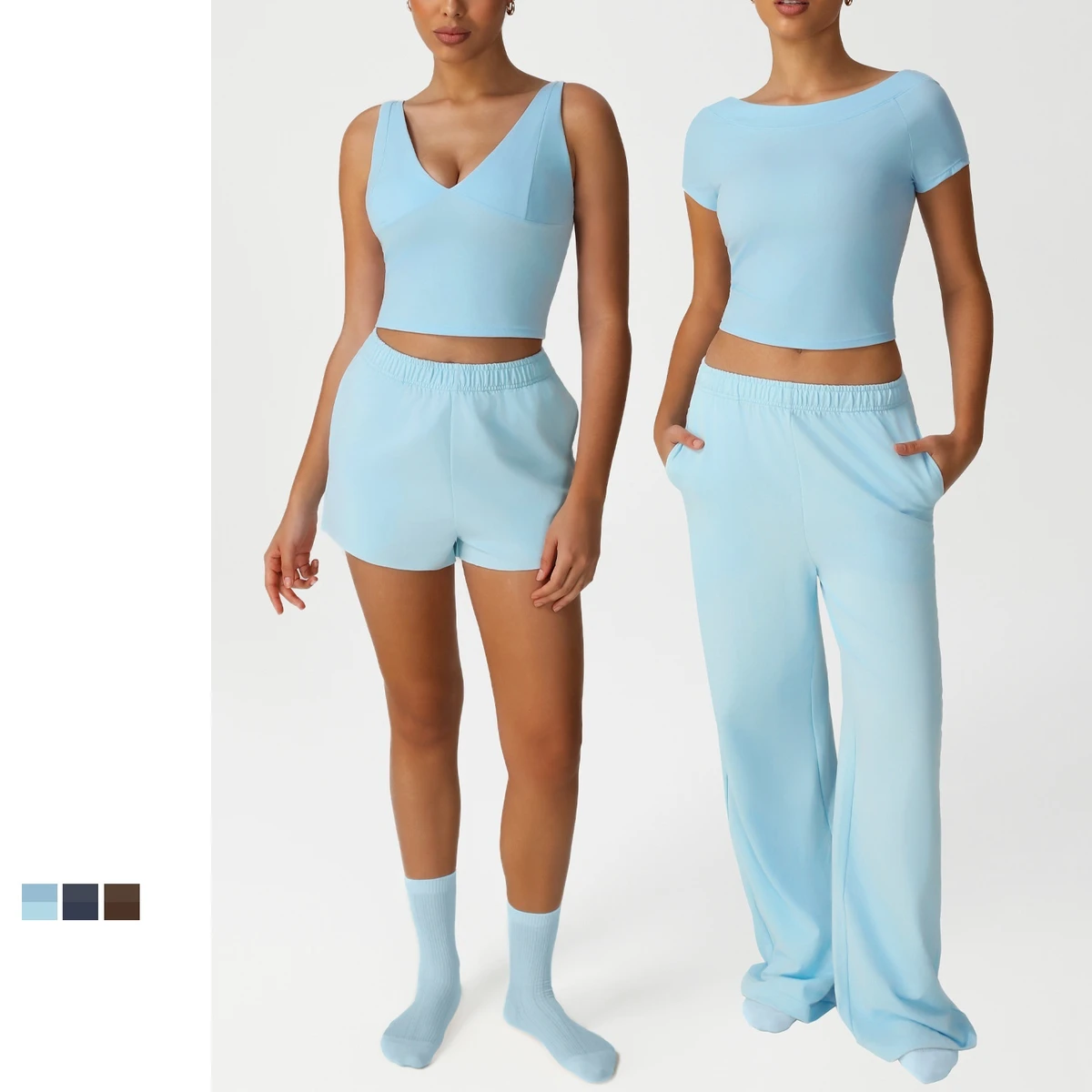 Hot Selling Custom logo Spandex Nylon Breathable 4 Piece Women Tops and Pants Active Gym Wear Yoga Set For Sale