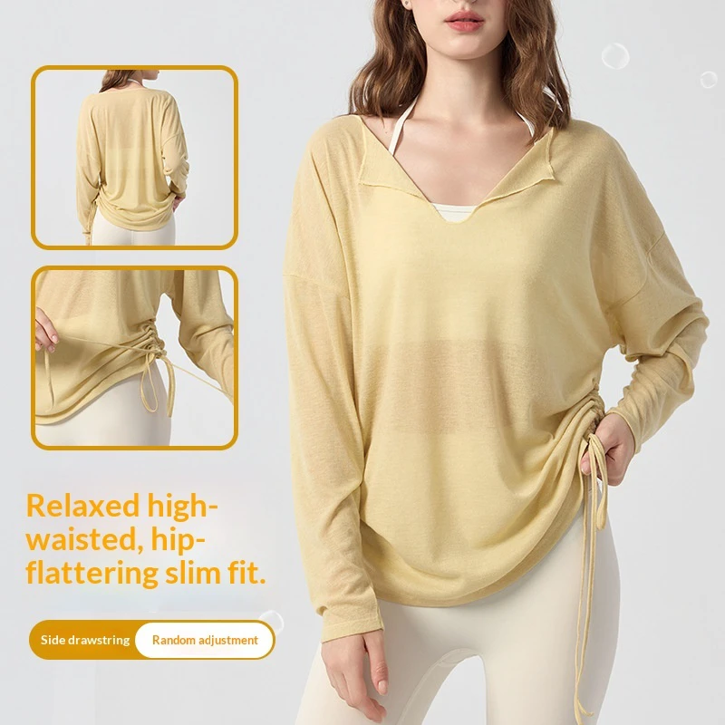 Women Lapel Thin Solid Color Loose Yoga Long Sleeve Autumn Winter Waist Cinching Slim Pilates Top