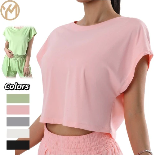 Yimo Women Round Neck Short Sleeves Workout Shirt Female Loose Simple Yoga Top Lady Quick Drying Solid Color Running T-shirt
