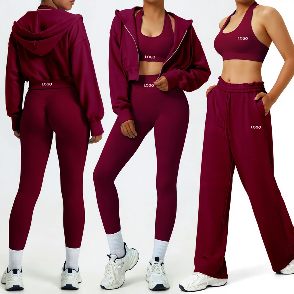 Custom Sportswear Clothing Women Set High Quality Zip up Crop Top Hoodies Sweat Pants Tracksuit Set Halter Bra Fitness Yoga Sets