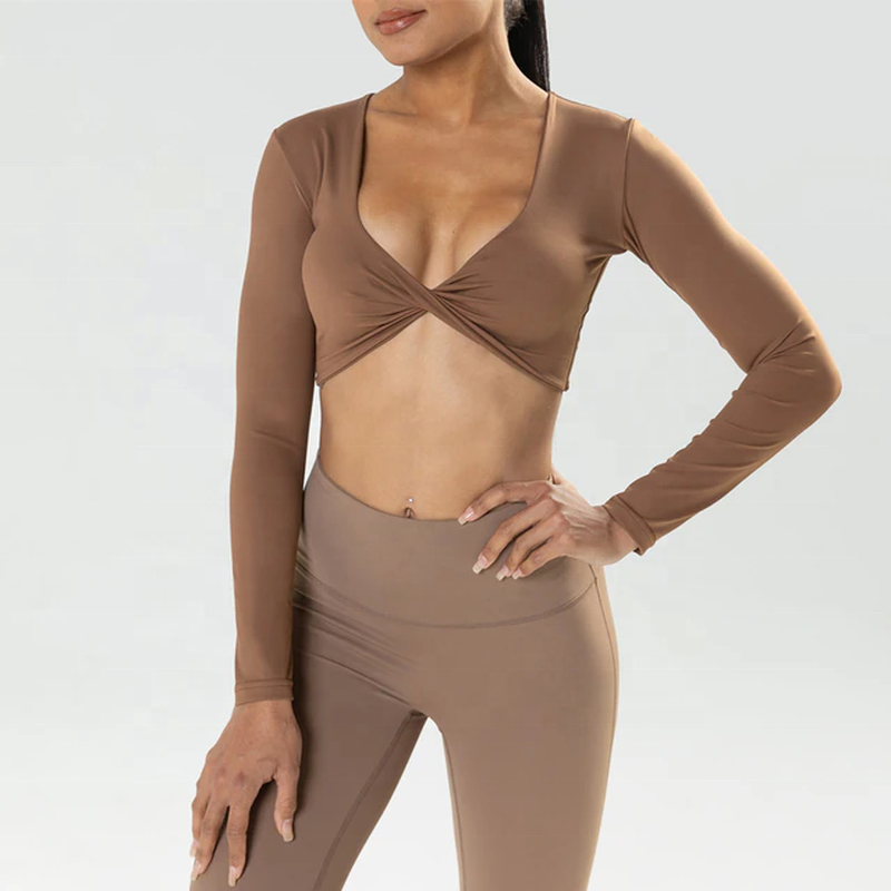 Latest Design Long Sleeve Gym Crop Tops for Women Twist Deep V Workout Crop Shirt Yoga Gym Top