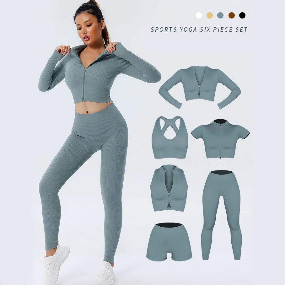 Custom logo Womens Workout Sets 6-pieces Sportswear Seamless Rib Skin Friendly High Elastic Leggins Fitness Yoga Suits
