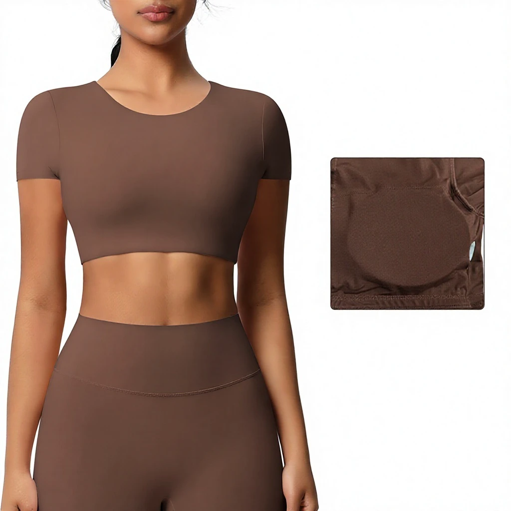 In-stock Breathable Spandex/Nylon Double-sided Brushed Yoga Top Built-in Bra Tight-fitting Short-sleeve T-shirt Pilates Top