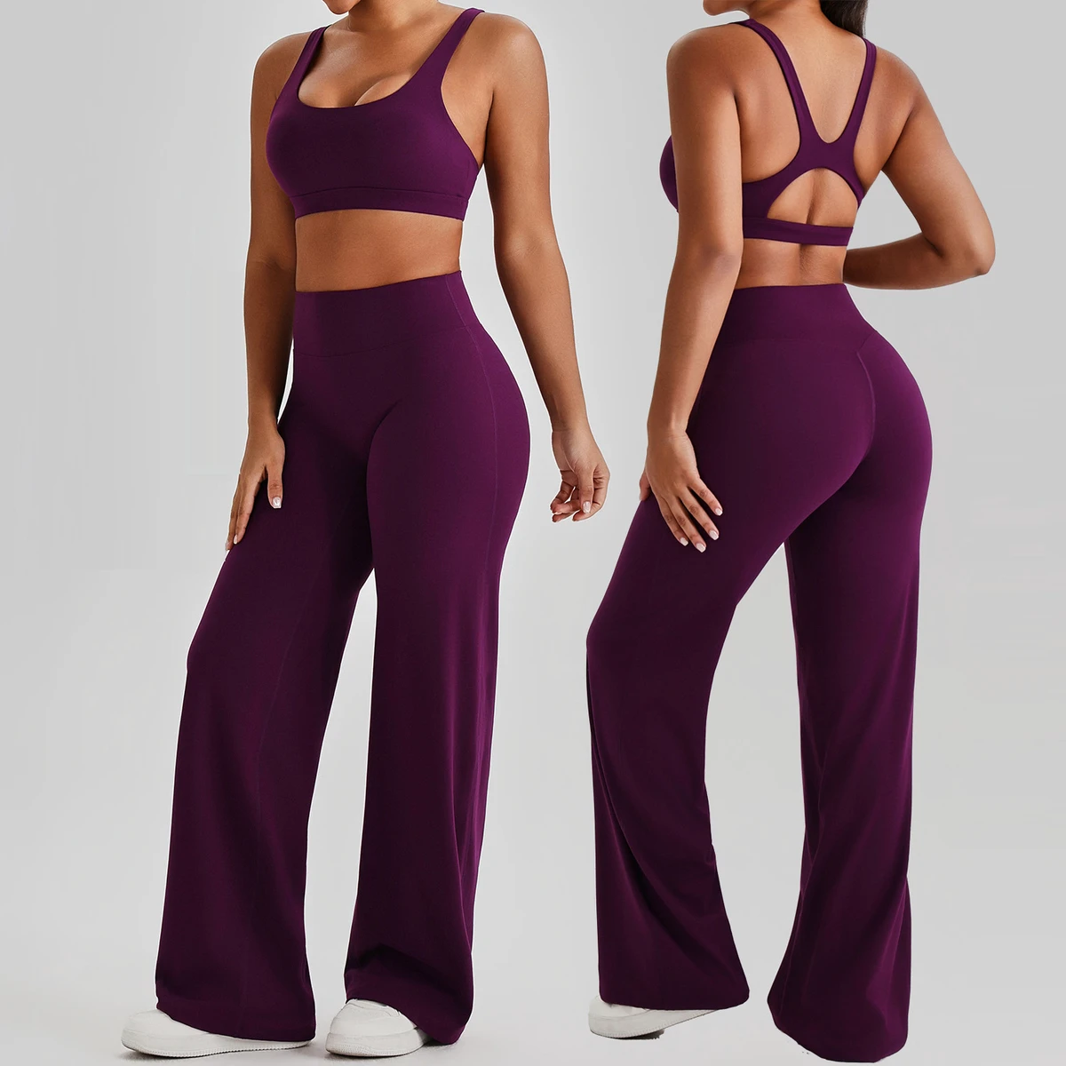 Women's Nude Sports Set High Waist Straight Pants Yoga Suit Quick-drying Shockproof Fitness Wear Outdoor Gym Running Suit 2pcs