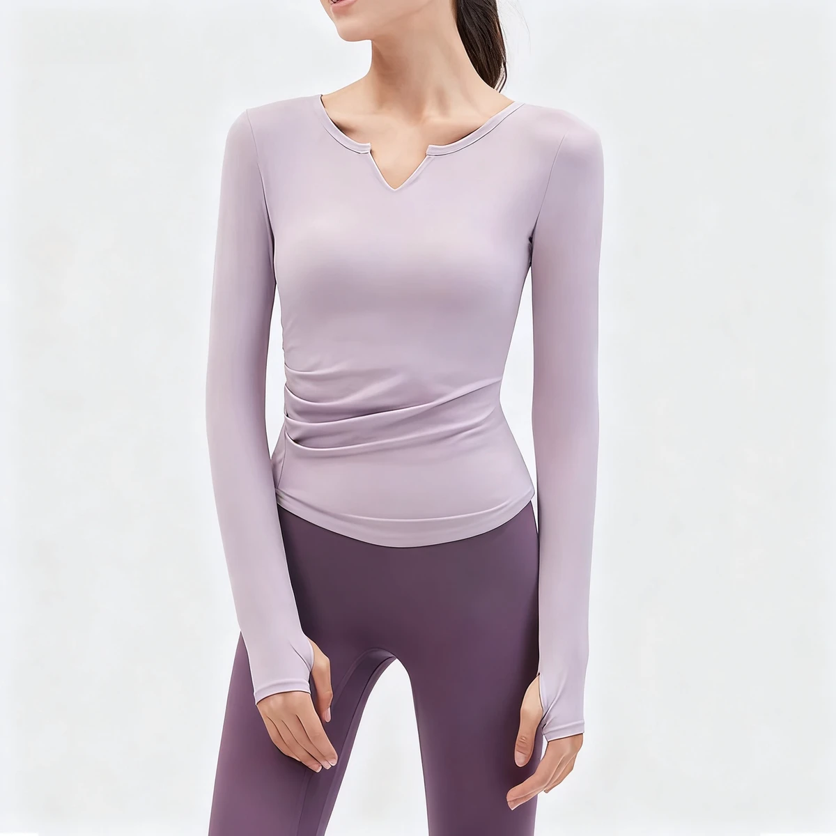 Yoga Clothes Long-sleeved Running Sports Top V-neck Nude Fitness Top Women's with Bra Pads