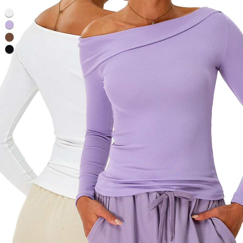 TM0266 New Style Ribbed Yoga Top Slant-necked Shoulder-baring Design High-strength Long Sleeves Top Suitable for Running