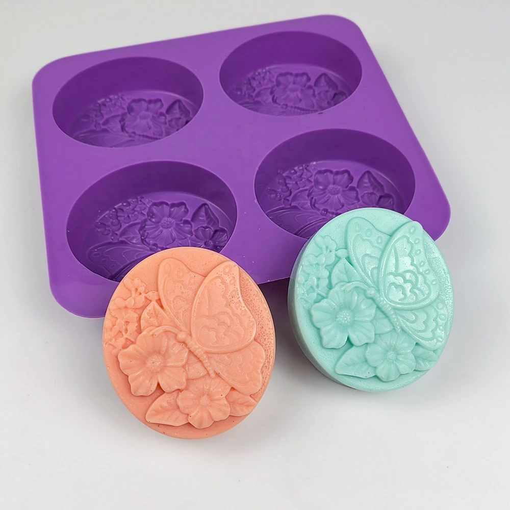 14078 4-Cavity Round Shaped Flower Butterfly Silicone Mold for Soap, Lotion Bar, Bath Bomb, Candle