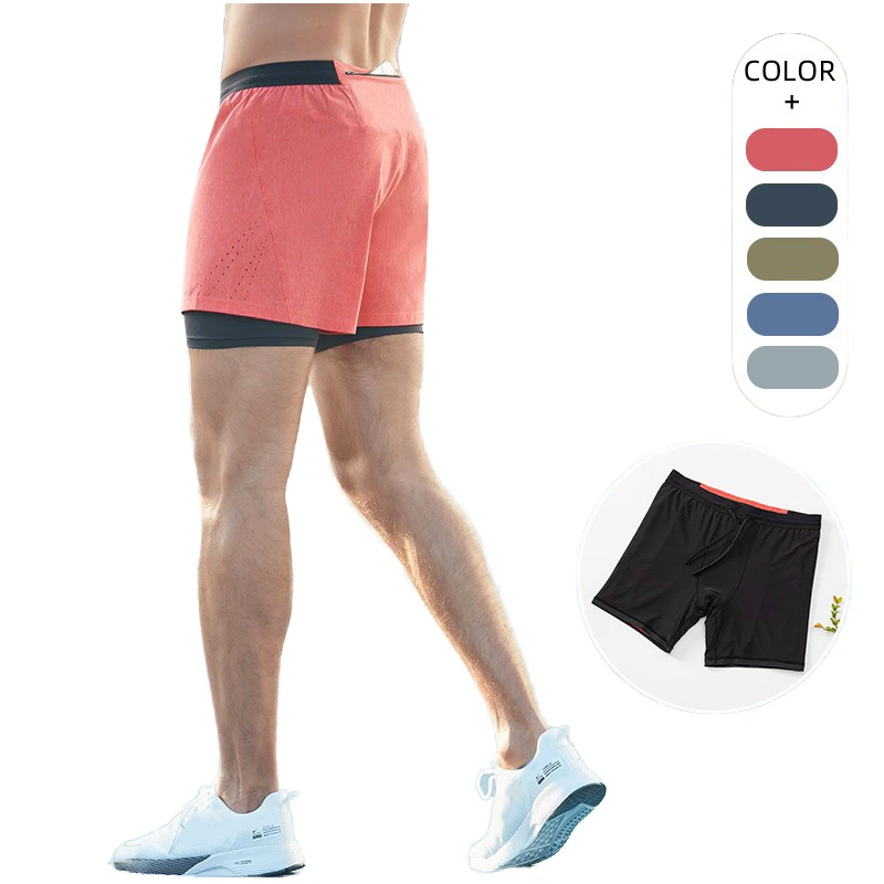 Men's Casual Outdoor Running Fitness Shorts Double Layer Quick-Dry Breathable 2-in-1 Workout Plus Size Anti-Ride Elastic Waist