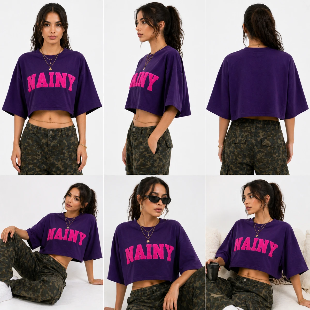 Oversized Crop Top Women Chenille Embroidery T Shirt Loose Fit Cotton Cropped Tee Streetwear Fashion Summer Wear
