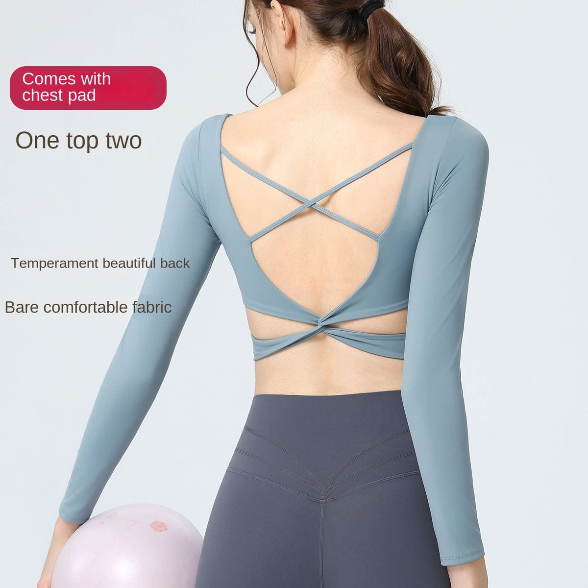 Yoga Clothing Women's Breathable Skinny Fit Chest Pad Sports Top Long Sleeve Running Pilates Training Fitness Crossover Sports