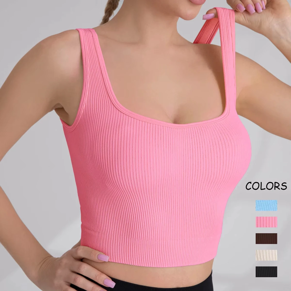 Women Ribbed Seamless Yoga Shirts Lady Square Neck Open Back Gym Top Female Gather Thick Shoulder Strap Running Fitness T Shirt