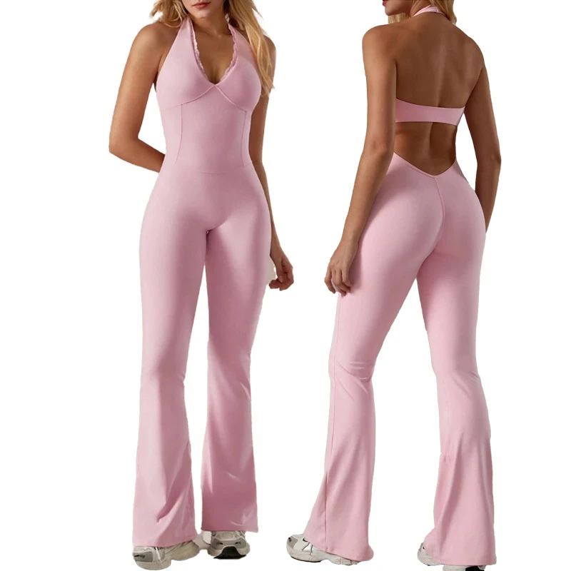 Custom Logo Women Lace Design Pilates Jumpsuit Halter Open Back Padded Yoga Fitness Bodysuit with Flared Pants