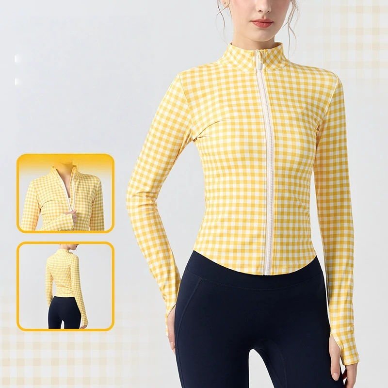 High Quality Custom Front Women Slim Fit Long Sleeve Fitness Top Plaid Breathable Yoga Jackets