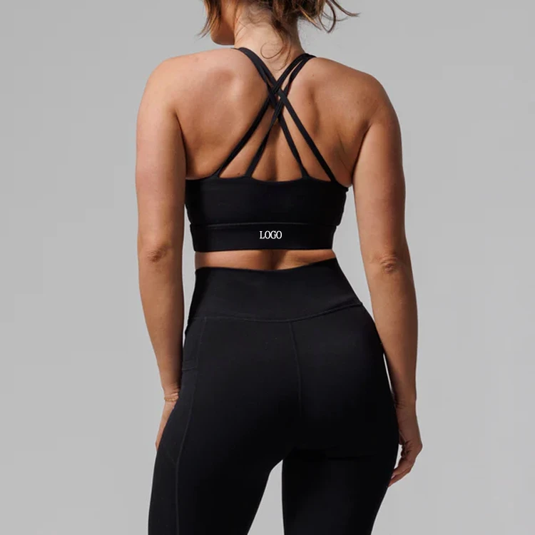 OEM Custom Logo Women Activewear Sweat Wicking Breathable U Neck Fitness Yoga Top High Support Crossback Sports Bra