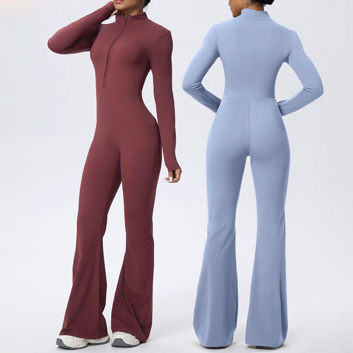 Wholesale Women's High Stretch Yoga Jumpsuit Zip up Long Sleeves Flared Pants Bodysuit Gym Running Workout Sportswear