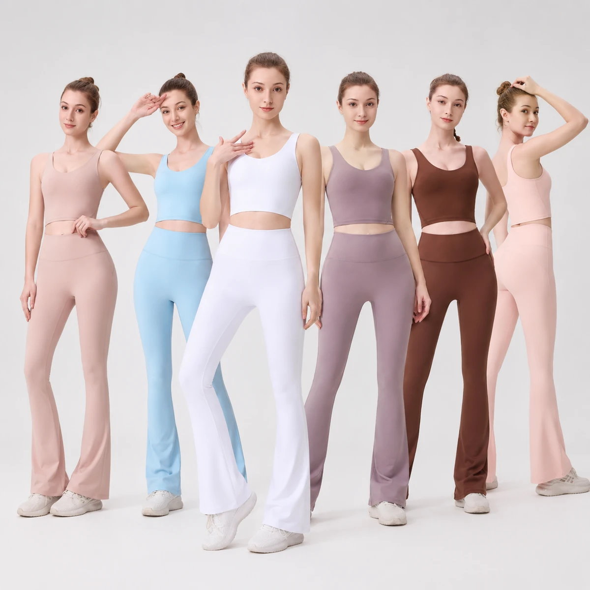 Plus Size Petite Friendly Off-the-Shoulder Bra Flare Pants Set 2-Piece Seamless Breathable Four-Way Stretch Elastic Waist Gym
