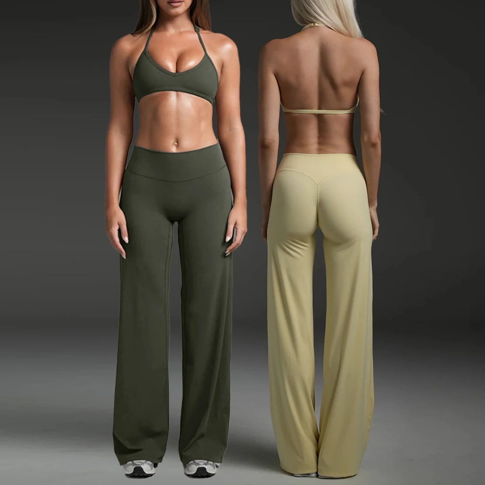 Custom Logo Yoga Fitness Gym Sports Halter Adjustable Bra Wide Flare Pants Workout Set For Woman