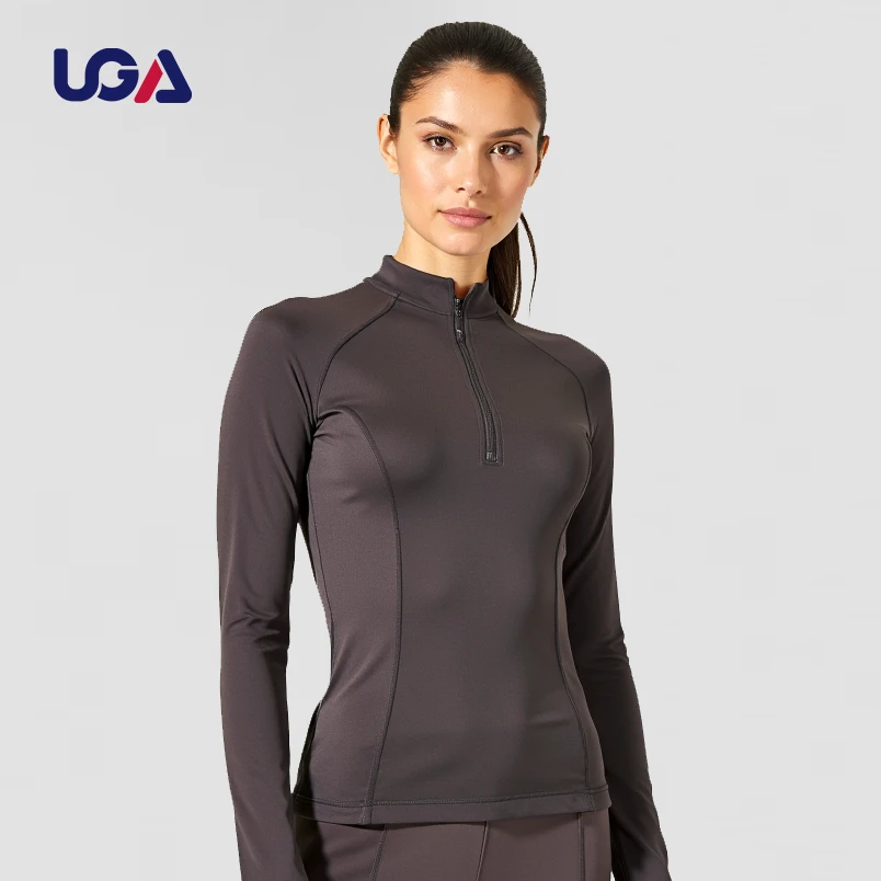 Breathable Quarter Half Zip Zip Collar Long Sleeved Slim Fit Sports Athletic Workout Yoga Tops T-shirt for Yoga Gym Running
