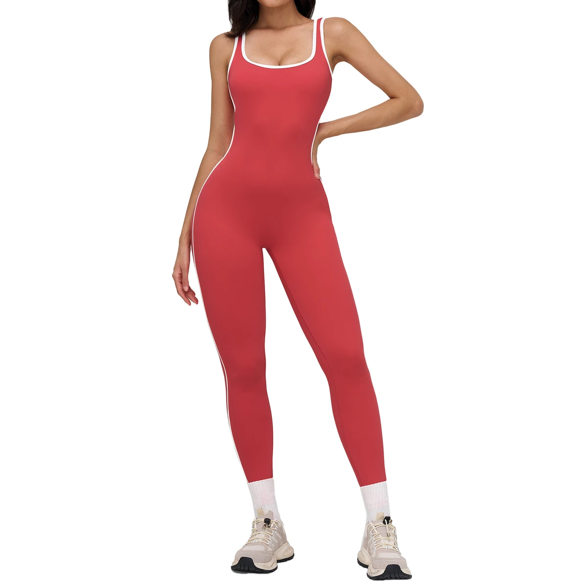 Nude High Waist Yoga Jumpsuit with Color Block Trim and Elegant Neckline Quick Dry & Breathable Fitness Wear for Women