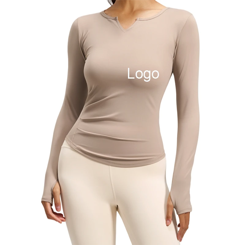 Custom V Neck Waist High Stretch Moisture Wicking Athletic Yoga Long Sleeve Top with Finger Sleeve for Women