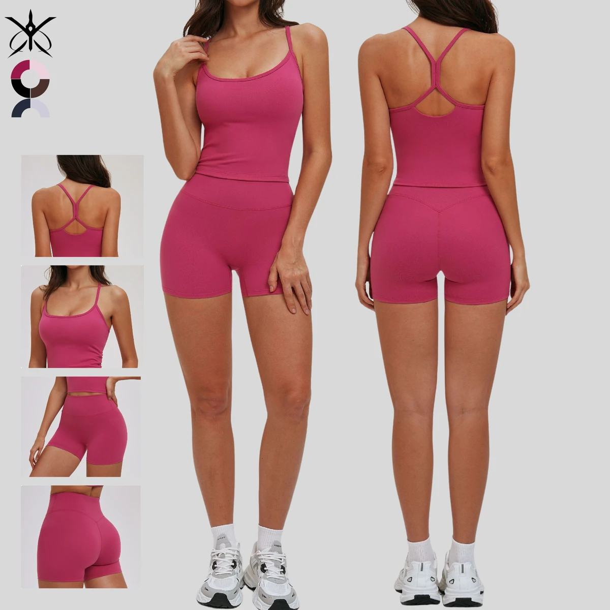Comfortable Openwork Yoga Set Breathable Fitted Tank Top Versatile Fitness Wear High-Waisted Shorts Solid Lightweight Quick-Dry