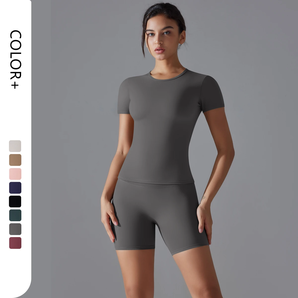 Quick Drying Solid Short Sleeved Tight Yoga Set Top Women's Gym High Intensity Fitness Training Sports Running Elastic Waist