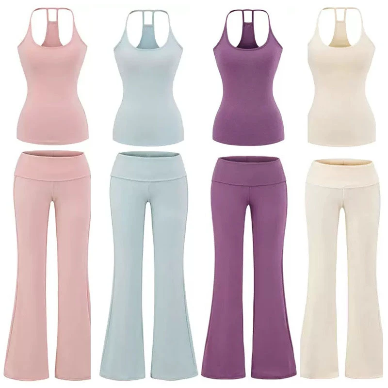 Naked Feeling High Elastic Women Yoga Set Slim Fit Tank Top With Chest Pad Butt Lift Flare Pants Fitness Running Active Gym Wear
