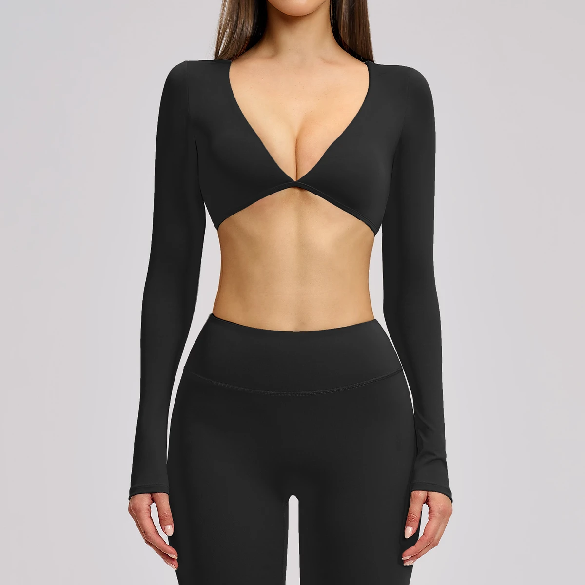 Women's Long Sleeve Yoga Top V-Neck Cropped Gym Shirt with Padded Bra Quick Dry Fitness Workout T-Shirt