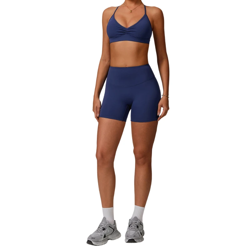 Breathable Active Wears Fitness Pleated Sports Bras Seamed Ladies Shorts Gym Scrunch Butt Shorts 2 Piece Yoga Set