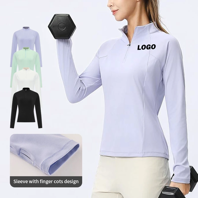 Customized LOGO Women's Slimming Fitness Jacket Half Zipper Long Sleeve Running Sports Top with Thumbhole Yoga Shirt