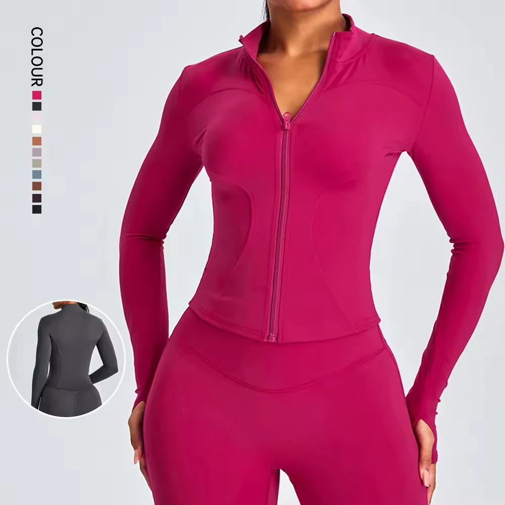 Women's Stand Neck Long Sleeves Jackets Quick-Drying Full Zipper Slim Outdoor Running Fitness Top Lady High Stretch Yoga Coat