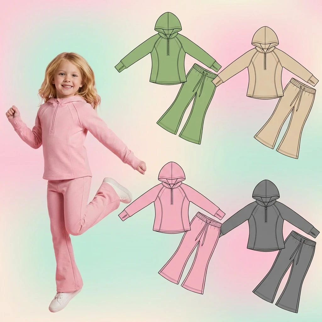 Custom OEM Kids Girls Activewear Long Sleeve Solid Flare Leggings Two Piece Set Thumbholes Yoga Tracksuit Sets