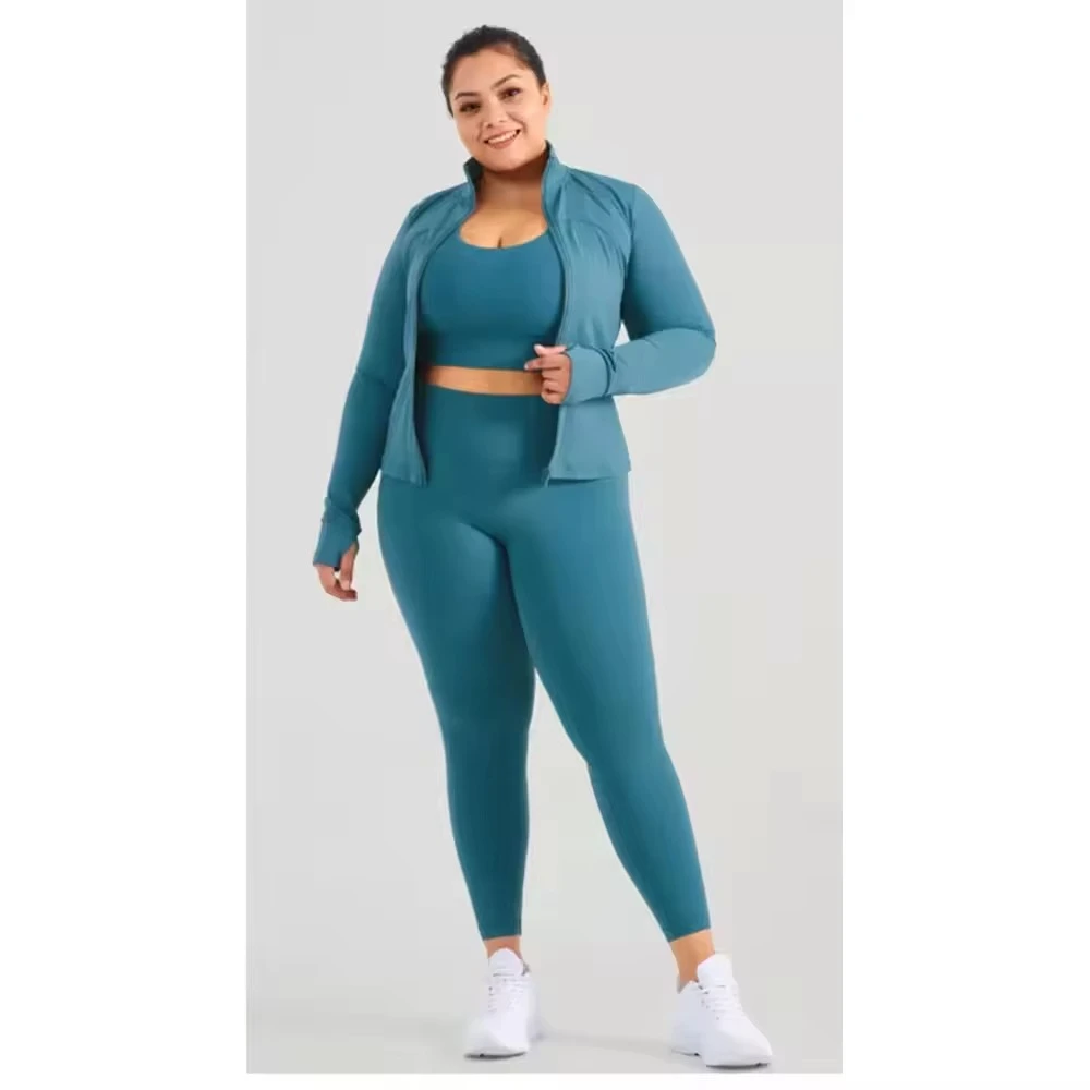Plus Size Long Sleeve Jacket for Women Gym Fitness Set Sport Active Wear Big Size Two Piece Leggings Yoga Outfit Training Wear