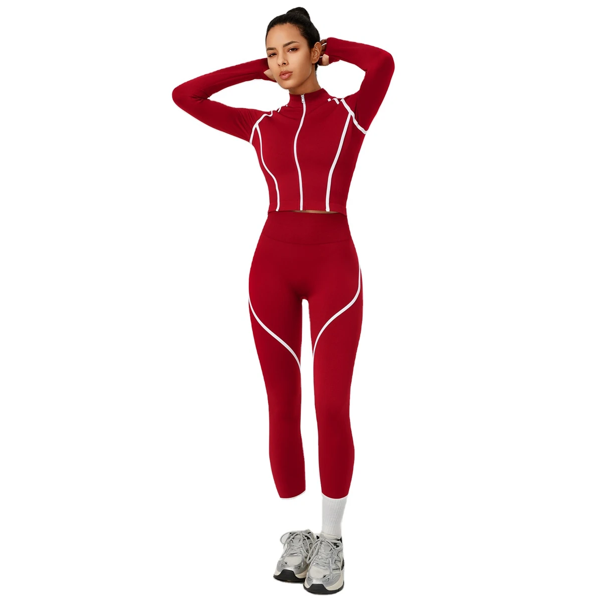 Sports Yoga Set Stand Collar Zipper Cardigan Jacket Color-Blocked Leggings Nude-Feel High-Elastic Breathable Women's Sets