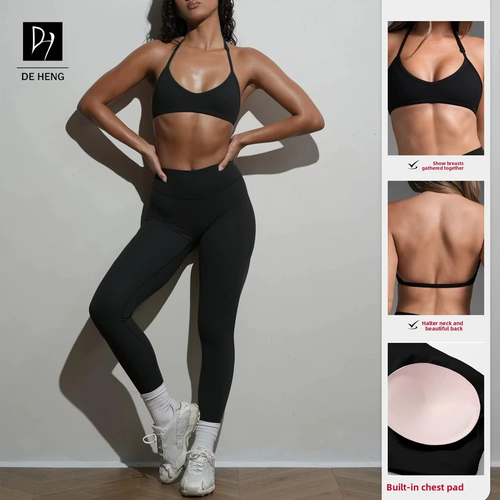 2026 New Women's Clothes Style Solid Halter Neck Push-up Bra Yoga Set Fitness Tight Pants Quick-drying for Two-piece Set