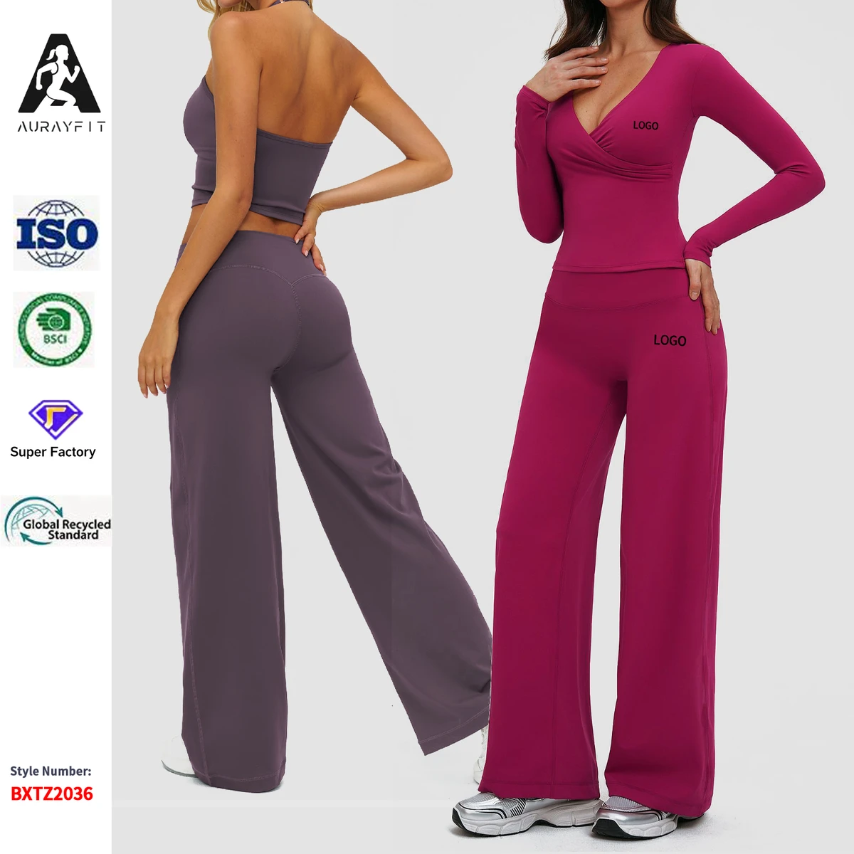 Women's Solid Halter Deep V Neck Breathable Spandex/Nylon Yoga Suit Three-piece Set for Outdoor Sports Long-sleeved Casual