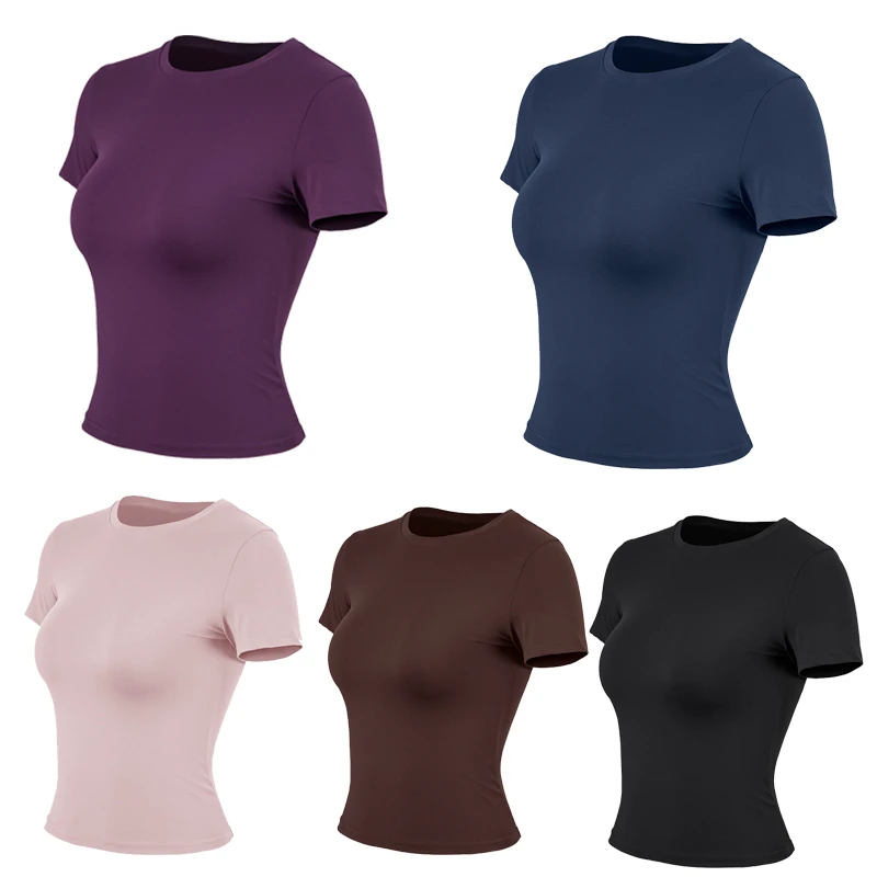 Women's High Quality O Neck Soft Tight Workout Running T Shirt Outfit Gym Yoga Sports Fitness Short Sleeves T-Shirts