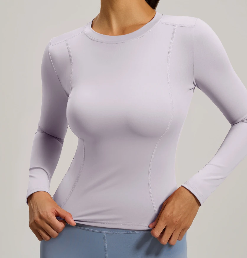Round-neck Slim-fitting Long-sleeved Yoga Top Quick Dry Breathable Anti-Bacterial Spandex/Polyester Running Fitness Sports