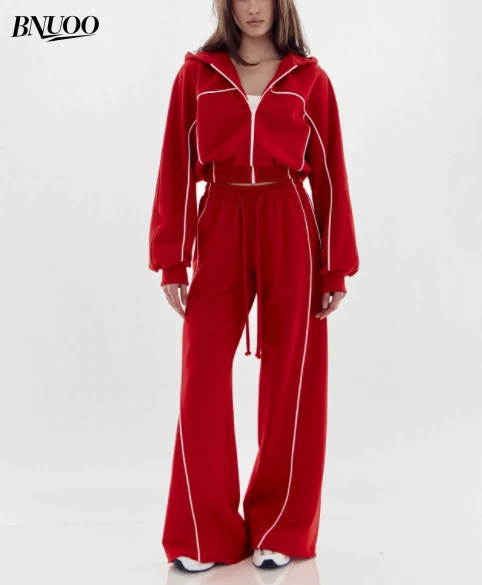 Women's Contrast Trim Two Pieces Set Loose Fit Oversized Casual Lounge Set Zip Front Hoodie And Baggy Sweatpants Set