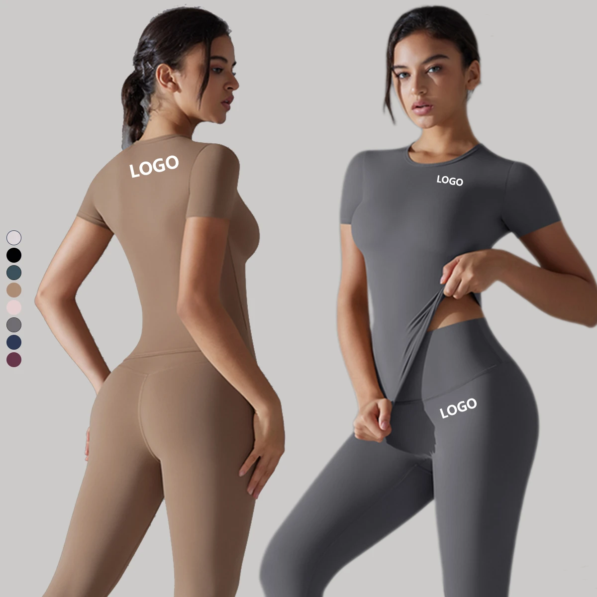Wholesale Two Piece Solid Seamless Breathable Quick Dry Elastic Waist Four-Way Stretch Spandex/Nylon High 220g Short Fitness