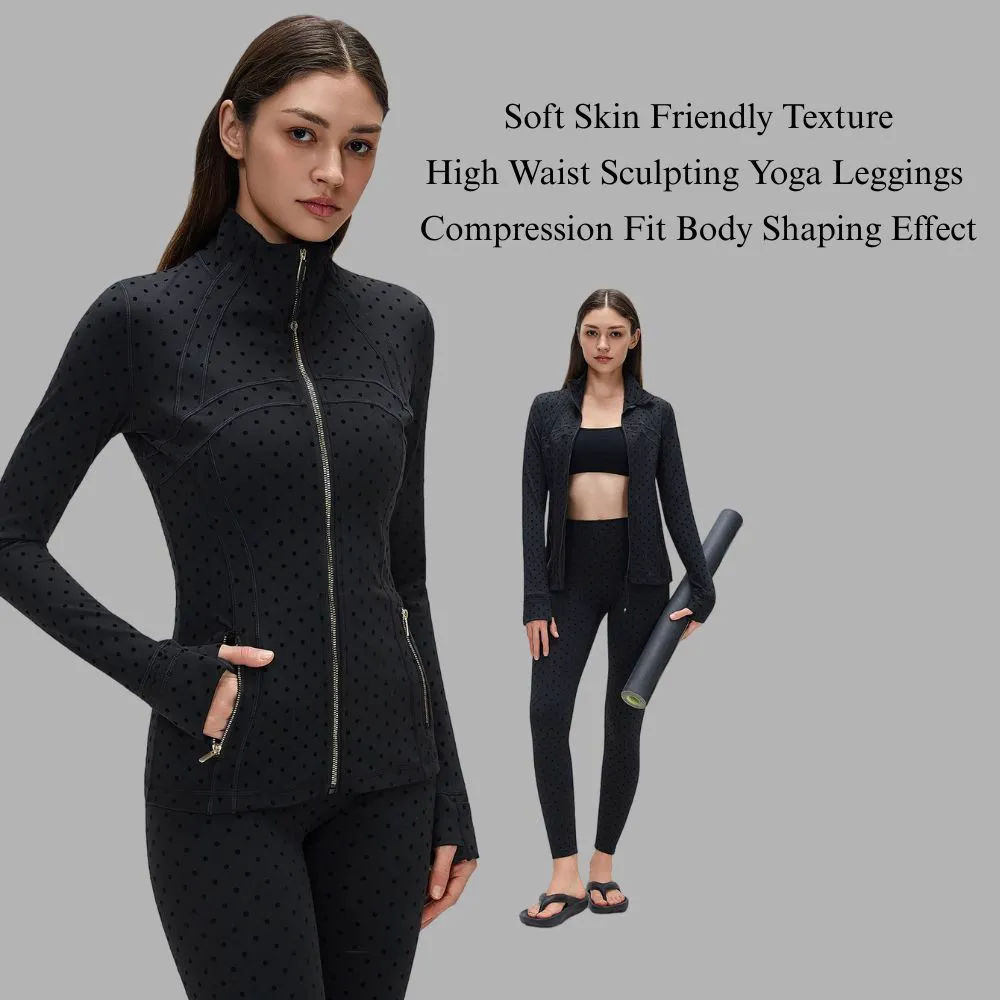 Fashion Sports Suit Black Polka Dot Yoga Pants Women Stand Collar Jacket Hoodie Slim Fit Tummy Control Two Piece Activewear Set