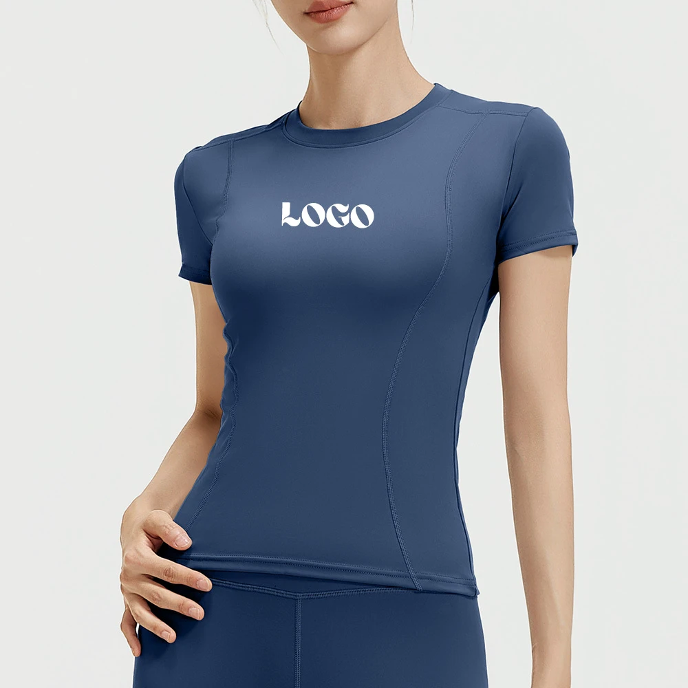 Wholesale Custom Fitness Running Workout Yoga Tops Quick Dry Gym Active Round Neck Slim Fit Waist Short Sleeve T Shirt for Women
