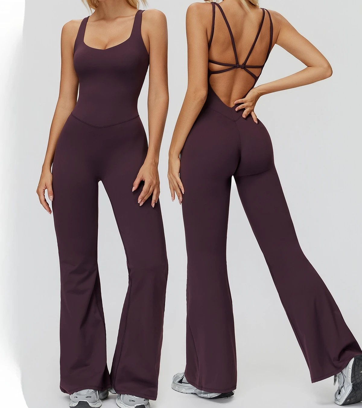 Custom Hit V-neck One-piece Yoga Bodysuit Back-flattering Tight Quick-drying Sports Fitness Jumpsuit with Flared Pants
