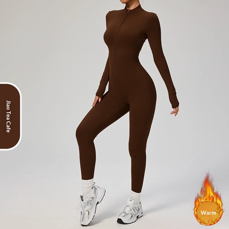 New European American Autumn Winter Thin Velvet Zipper Breathable Seamless Spaghetti Strap Long Sleeve Yoga Sports