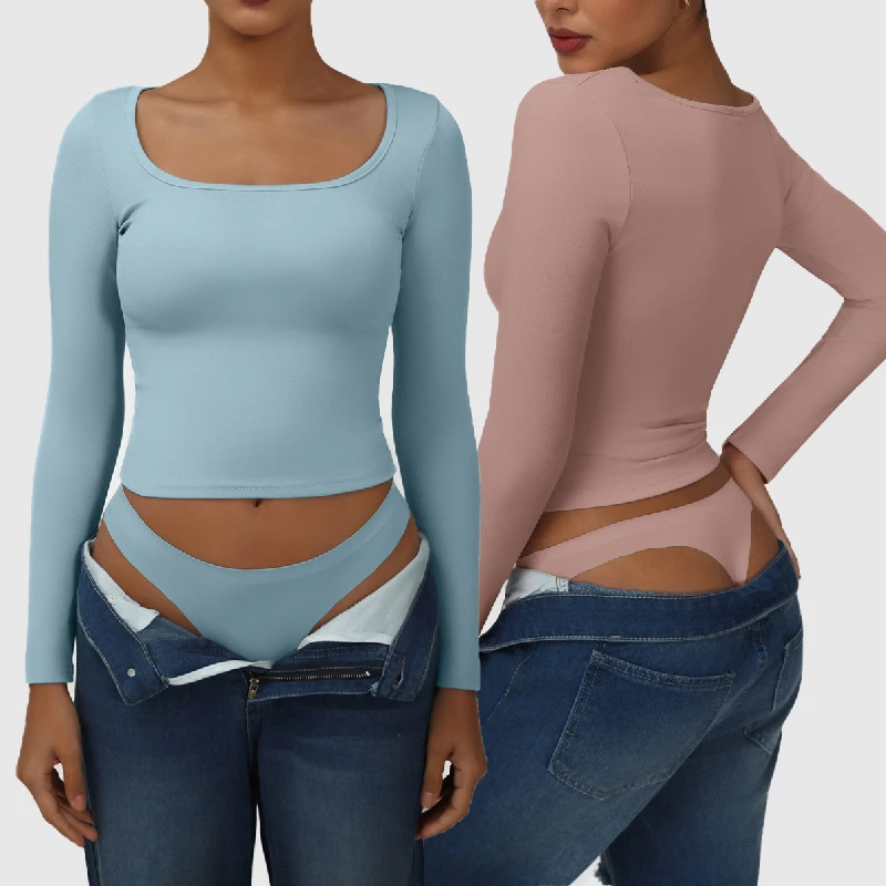 Women Crew Neck Long Sleeve Yoga Crop Top High Elastic Four-Way Stretch Quick Dry Breathable Regular Front Gym Running Casual